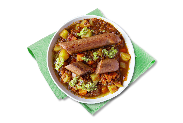 Provençalische Linsensuppe mit veganer Bockwurst